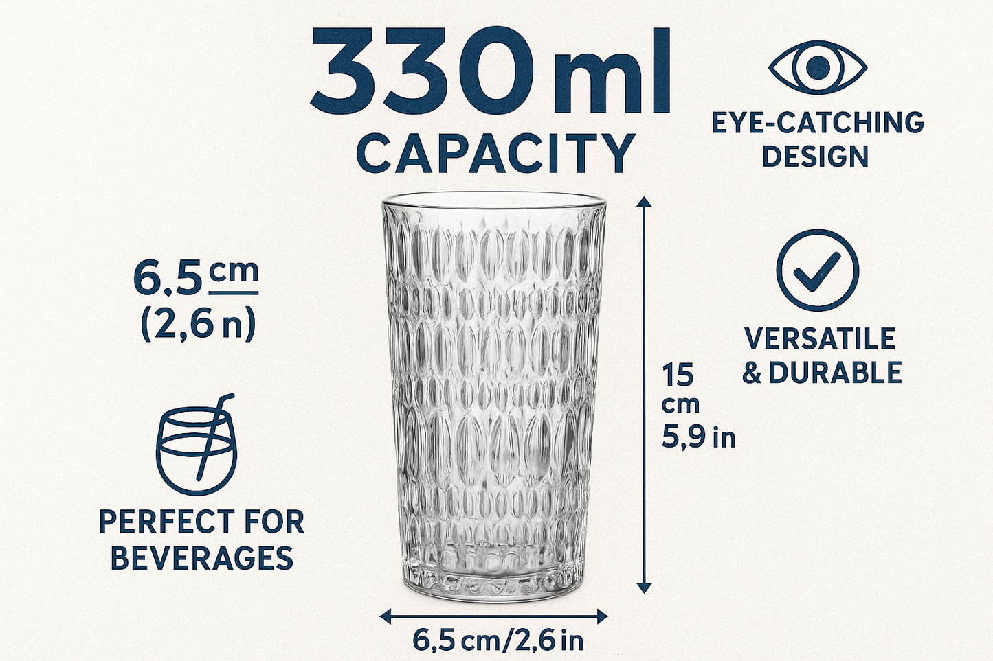 GITAEMPORIUM (Pack of 6) Ripple Design Glass Tumbler Set – 6 Pieces, 255ml Transparent Drinking Glasses Glass Set Water/Juice Glass
