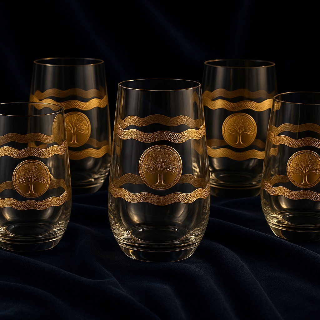 Stemless Glasses 400 ml — 6 Pack — Gold Tree Design Glass Set Water/Juice Glass