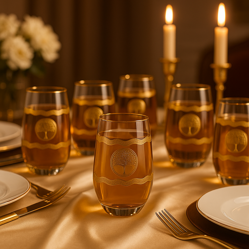 Stemless Glasses 400 ml — 6 Pack — Gold Tree Design Glass Set Water/Juice Glass