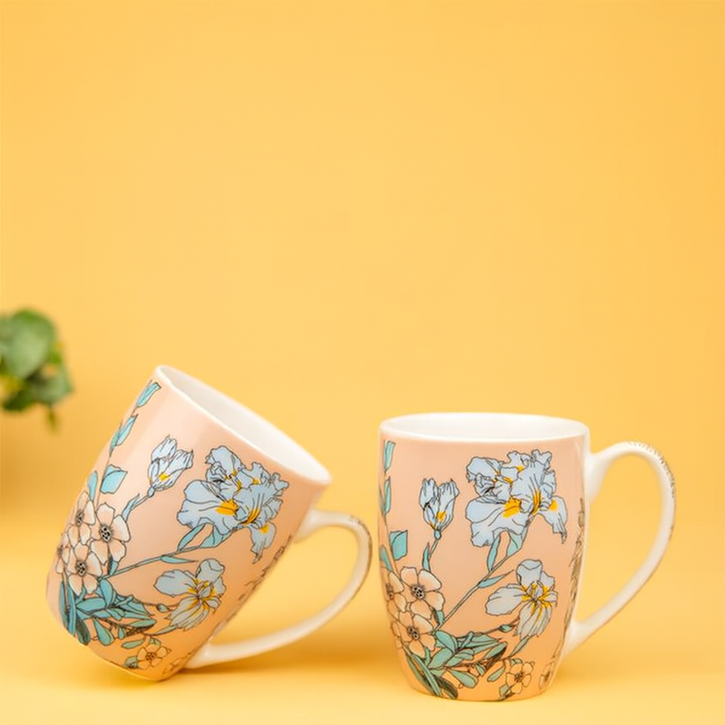 Blossom Peach Ceramic – 300 ml Floral Coffee & Tea Cup Porcelain Coffee Mug (300 ml, 2Pcs)