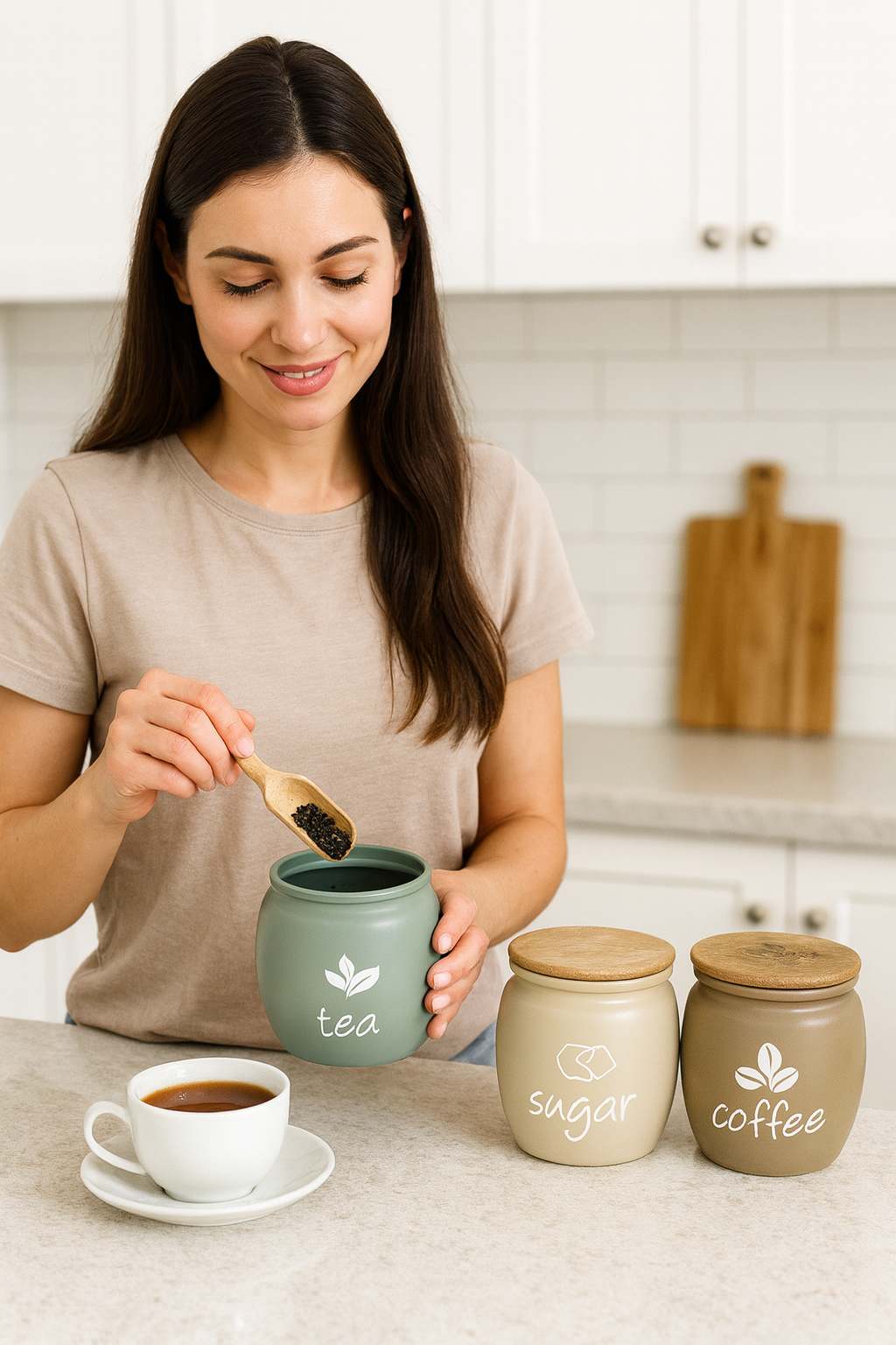 Tea Sugar Coffee 400 ml jar with wooden lid (set of 3)