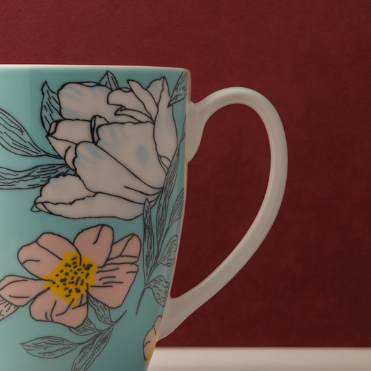 GITAEMPORIUM Floral PORCELAIN Coffee Pastel Blue Tea Cup with Elegant Flower Print Porcelain Coffee Mug