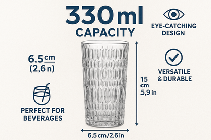 GITAEMPORIUM (Pack of 6) Ripple Design Glass Tumbler Set – 6 Pieces, 255ml Transparent Drinking Glasses Glass Set Water/Juice Glass