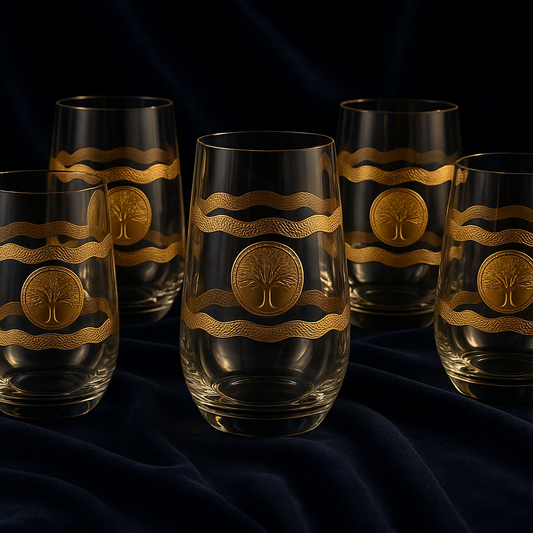 Stemless Glasses 400 ml — 6 Pack — Gold Tree Design Glass Set Water/Juice Glass