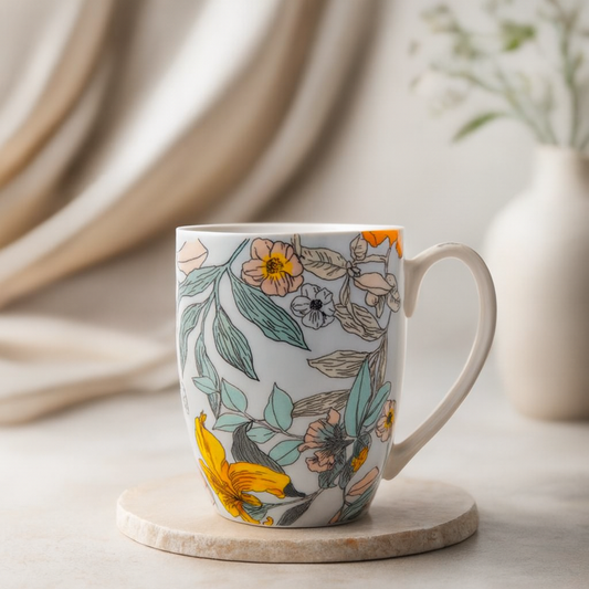 GITAEMPORIUM DaisySketch Premium Ceramic – White Floral Cup Porcelain Coffee Mug