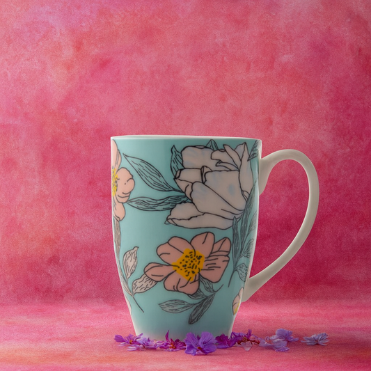 GITAEMPORIUM Floral PORCELAIN Coffee Pastel Blue Tea Cup with Elegant Flower Print Porcelain Coffee Mug