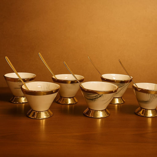GITA EMPORIUM 220ml Luxury White & Gold Dessert Bowl Set with Spoons – Premium Ice Cream & Serveware Collection