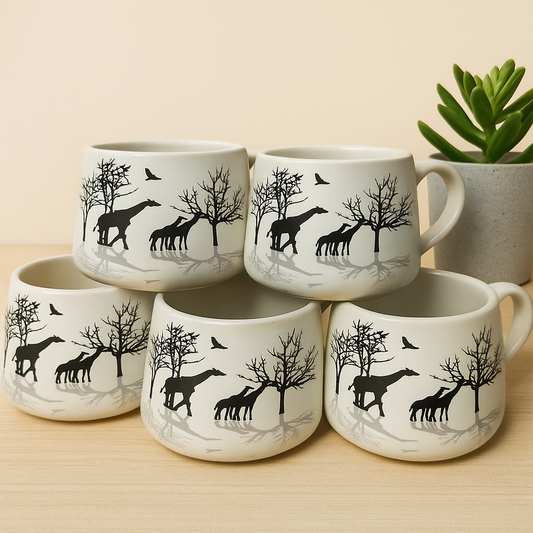 jungle design Ceramic Tea Cup Set - Black & White, Eco-Friendly(Set of 6) Ceramic Coffee Mug
