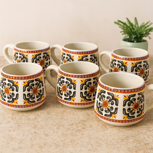 Pack of 6 Ceramic Premium Ceramic Coffee Mug 200ml Designer Printed Tea Cup  (Multicolor, Cup Set)